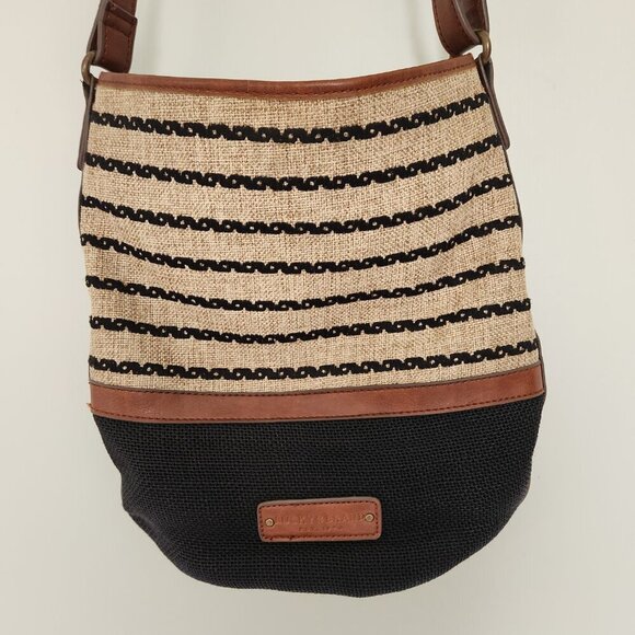 Lucky Brand Purse Tan Brown Natural Linen Faux Leather Bucket Hobo Crossbody Bag - Picture 2 of 13